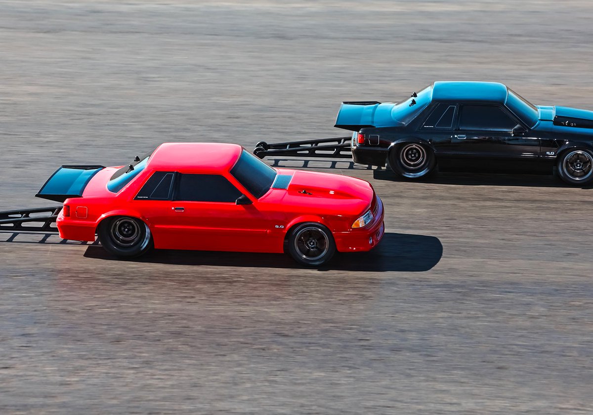 Traxxas's tweet photo. Straight line acceleration made easy with #Traxxas Stability Management (TSM). 👏🏼

The Drag Slash Foxbody Mustang 5.0 is ready to race! 🏁

[[Model # 94046-4]] #DragSlash #EngineeredToWin #Foxbody #RC
#FastestNameInRadioControl https://t.co/SkRf0Ple0H