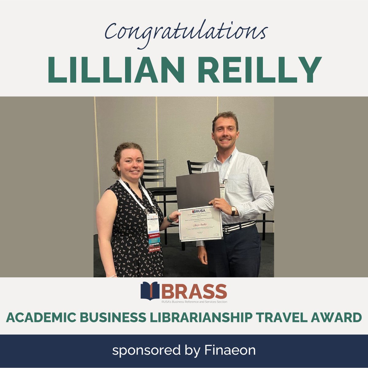 🎉Congratulations to Lillian Reilly! Winner of the 2025 BRASS Academic Business Librarianship Travel Award generously sponsored by <a href="/Finaeon/">Finaeon</a>  
#bizref #ALAAC25