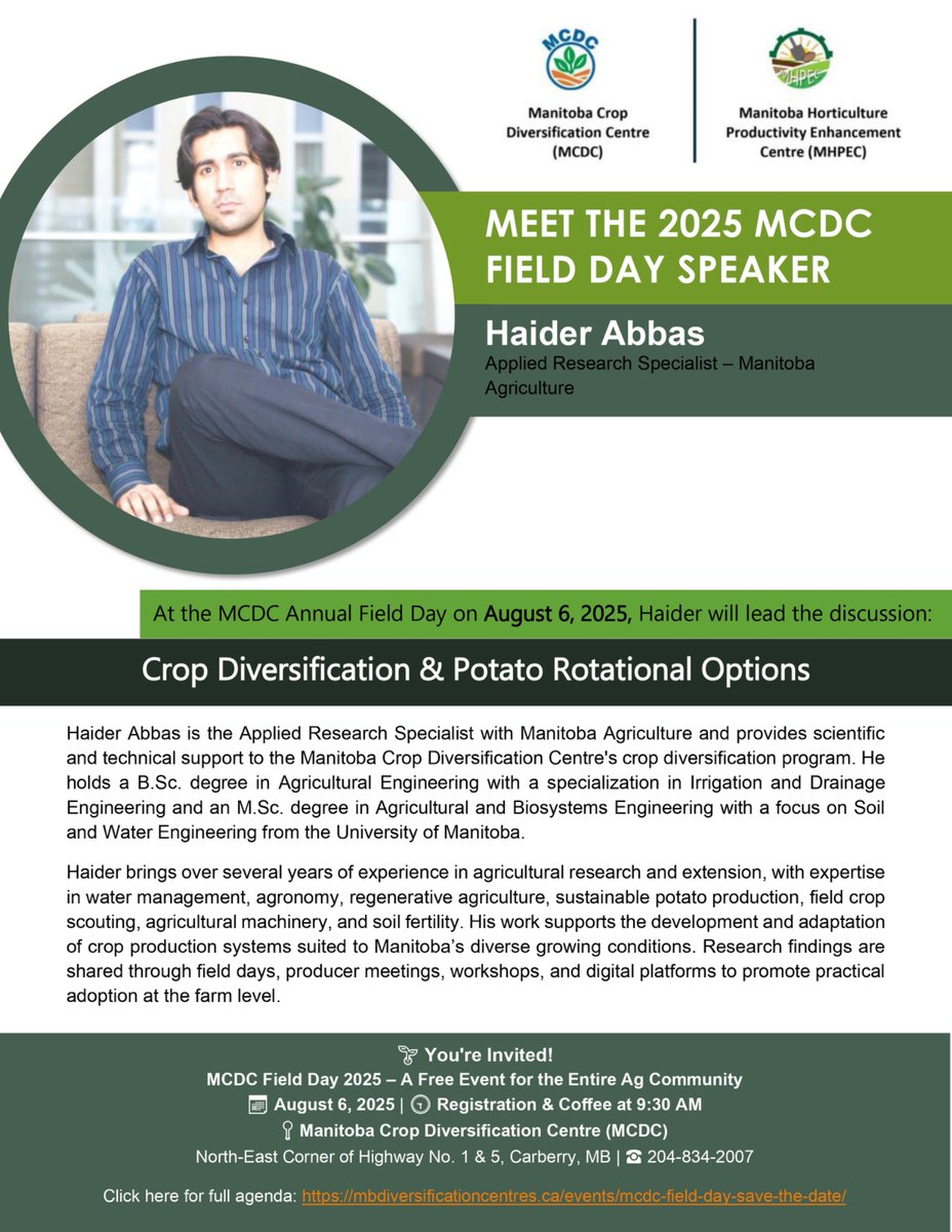 Save the Date! 
August 6 | MCDC – Carberry, MB
Research, innovation, and something for every farm!
We look forward to seeing you there!
<a href="/Haider_Carberry/">Haider Abbas</a>
