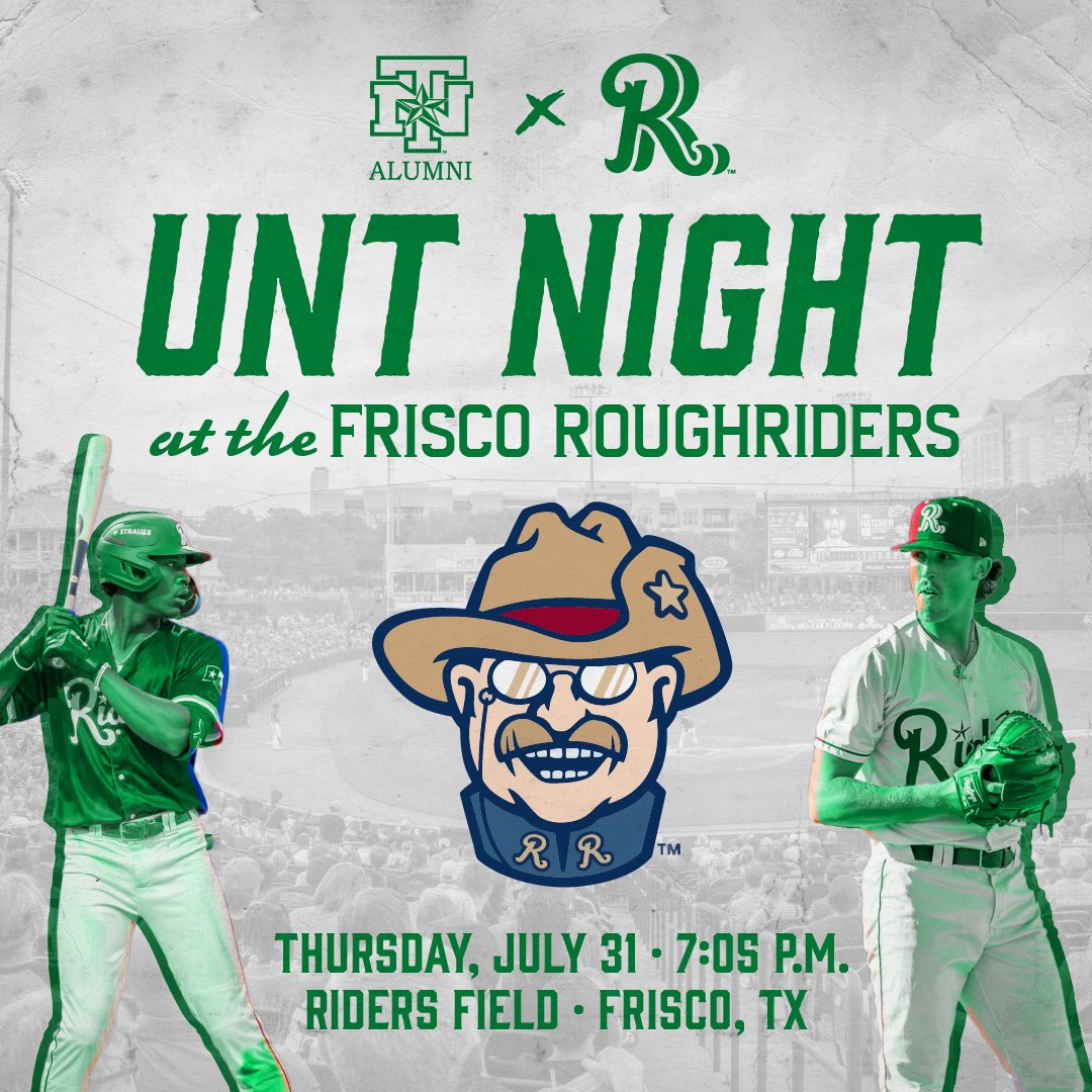 UNTAlumniAssoc's tweet image. 💚 Mean Green Alumni Take Over the Ballpark!
Join us for UNT Night at the Frisco RoughRiders on July 31 at 7:05 p.m.!
🎟️ $25.18 VIP (includes $10 in concessions)
🎟️ $15.75 General Admission
👶 Kids 3 and under are free!
📅 Register by July 25 —bit.ly/4lJU2AK