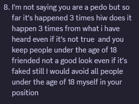 ADProblematic's tweet image. #38 - mama lia

I'll be blunt and to the point, this person is a pedophile.  Ain't no way you erp with multiple minors by accident.  That is not an accident at that point.  Not to mention that her "friends" have doxxed people who spoke out against her and she posted the dox.