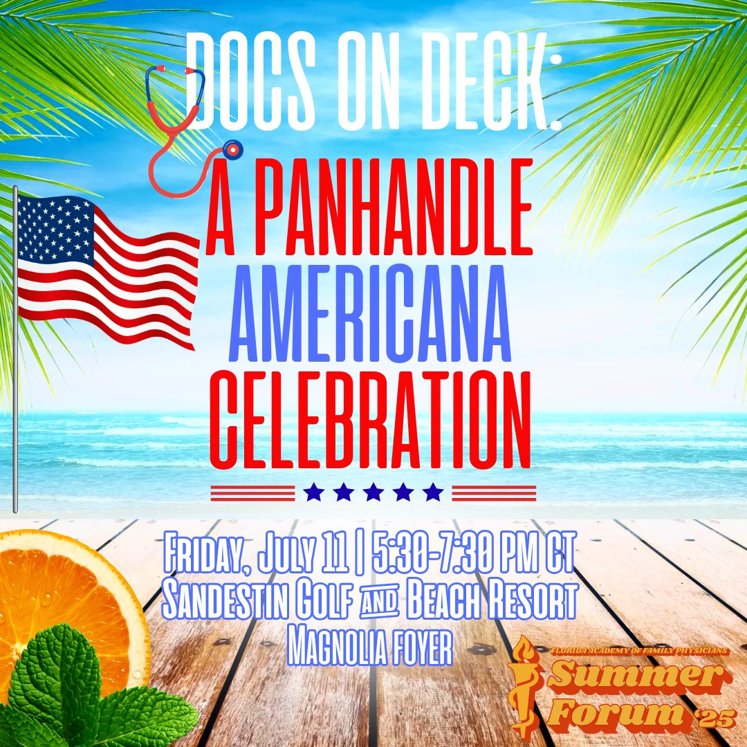 _FAFP's tweet image. Don't Miss Docs on Deck: A Panhandle Americana Celebration
USA! USA! USA! In-Person attendees, join us for the Welcome Reception Docs on Deck: A Panhandle Americana Celebration at the 2025 FAFP Family Medicine Summer Forum! Connect with your peers, meet with exhibitors, and…