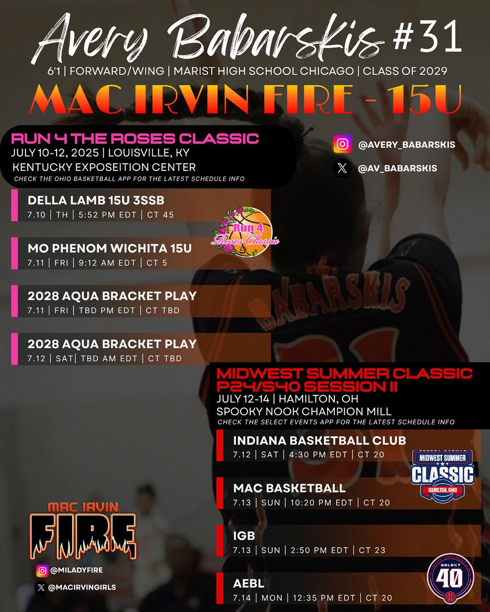Avery Babarskis (@av_babarskis) on Twitter photo Excited to be back on the court with <a href="/MacIrvinGirls/">Mac Irvin Lady Fire S40</a> 15U for July! Quick stop in Louisville then onto the Midwest Summer Classic Select40 Session II
<a href="/PGHIllinois/">Prep Girls Hoops Illinois</a> <a href="/MaristGBB/">Marist Girls Bball</a> <a href="/sboateng2/">Stanley Nkem Boateng</a> Excited to be back on the court with <a href="/MacIrvinGirls/">Mac Irvin Lady Fire S40</a> 15U for July! Quick stop in Louisville then onto the Midwest Summer Classic Select40 Session II
<a href="/PGHIllinois/">Prep Girls Hoops Illinois</a> <a href="/MaristGBB/">Marist Girls Bball</a> <a href="/sboateng2/">Stanley Nkem Boateng</a>