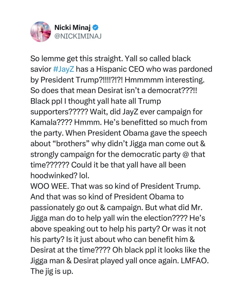 Nicki Minaj calls out Jay-Z and Roc Nation CEO Desiree Perez.