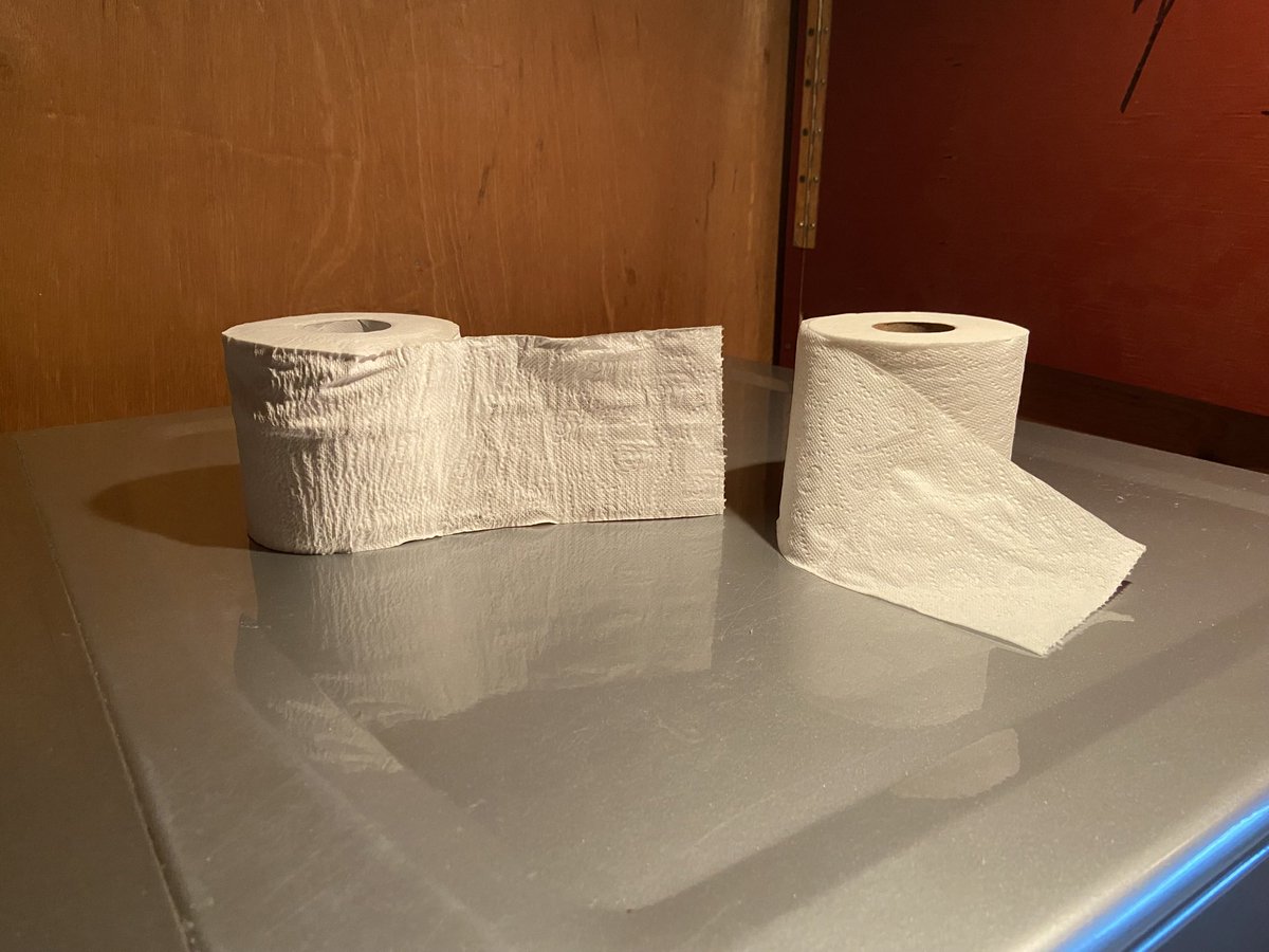 What makes women’s soft toilet into men’s stiff n rough toilet paper! Wrap a roll in wet not drenched face cloth. Allow the paper to get wet through. Set it out to dry completely. You be left with good hardish toilet paper. Almost as good as wrinkled up catalogue page. U welcom