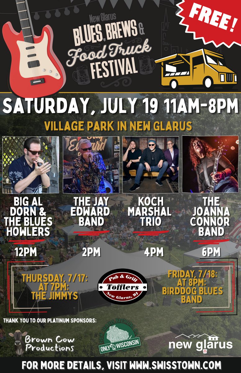 Mansqwatch's tweet image. Wisconsin in July + live guitar hijinks + truckloads of snacks = a righteous afternoon.
KMT plays the New Glarus Blues, Brews & Food Trucks Fest on July 19 at 4pm. 🎶🍕
Get the lowdown at GregKoch.com