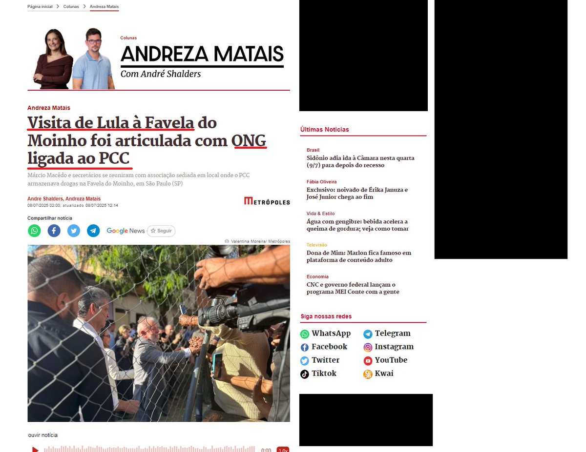 Visita de Lula à favela do Moinho foi articulada com ONG ligada ao PCC, de acordo com investigação do Metrópoles.

Esse é um dos tantos motivos que jamais abrirei espaço de diálogo sobre a segurança pública do BR com autoridades da Polícia Federal, como já fiz anos atrás. 

Obs: