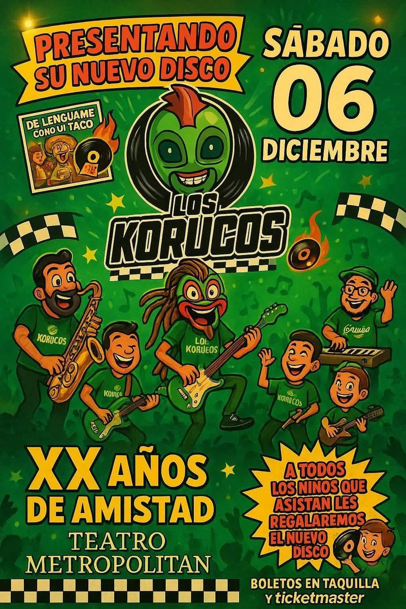 ¡Fiesta KORUCA en el <a href="/TMetropolitanMx/">Teatro Metropólitan</a>! 🤘

<a href="/korucosoficial/">LOSKORUCOS</a> celebran su XX Aniversario este 6 de diciembre presentando su nuevo disco "De Lengua me como un taco".
Además, ¡le regalarán un álbum a cada niño que asista! 🎁
¡No te quedes fuera de esta fiesta familiar!
#LosKorucos
