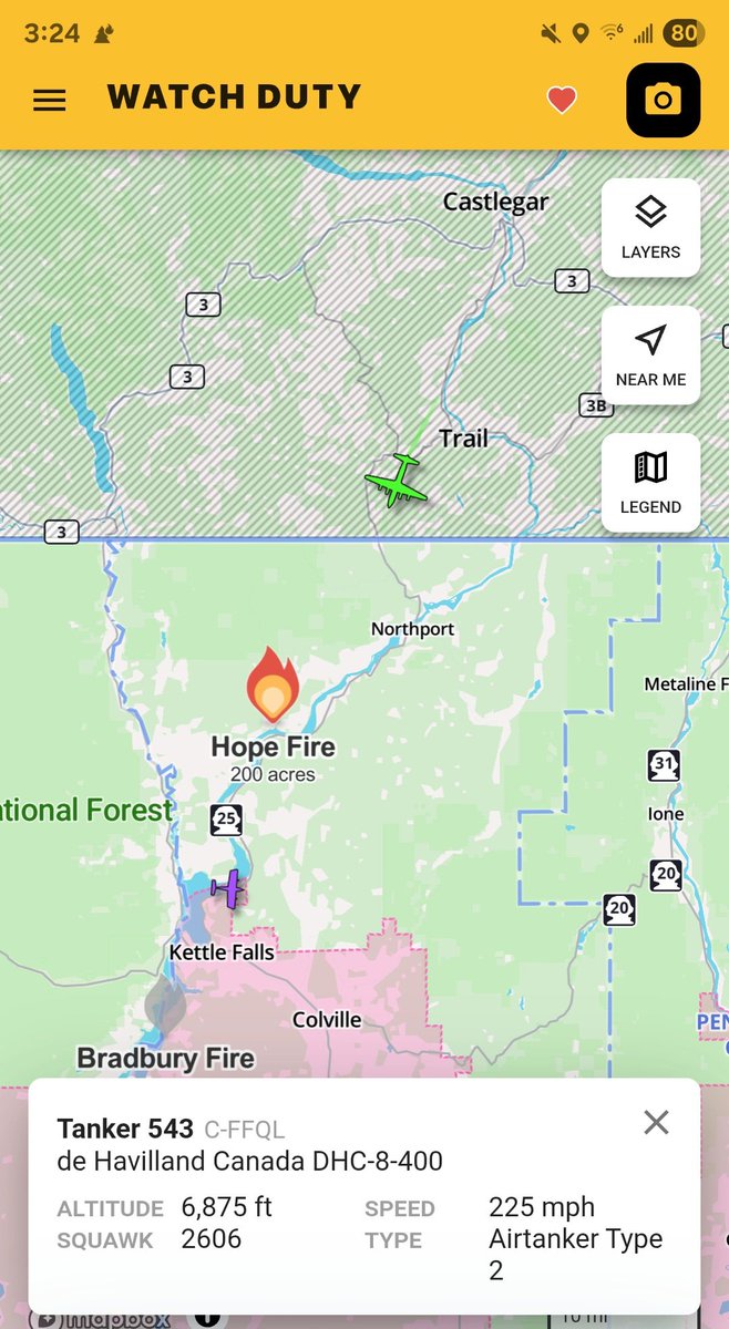 Borrowed7Time's tweet image. The #HopeFire is now 200+ acres. Canadian DHC-8-400 Airtanker Type 2 C-FFQL is approaching to make a drop. Also on scene, AC90 C-GDAA as FGD136
@sipjack1776 @Wa_fire_watch