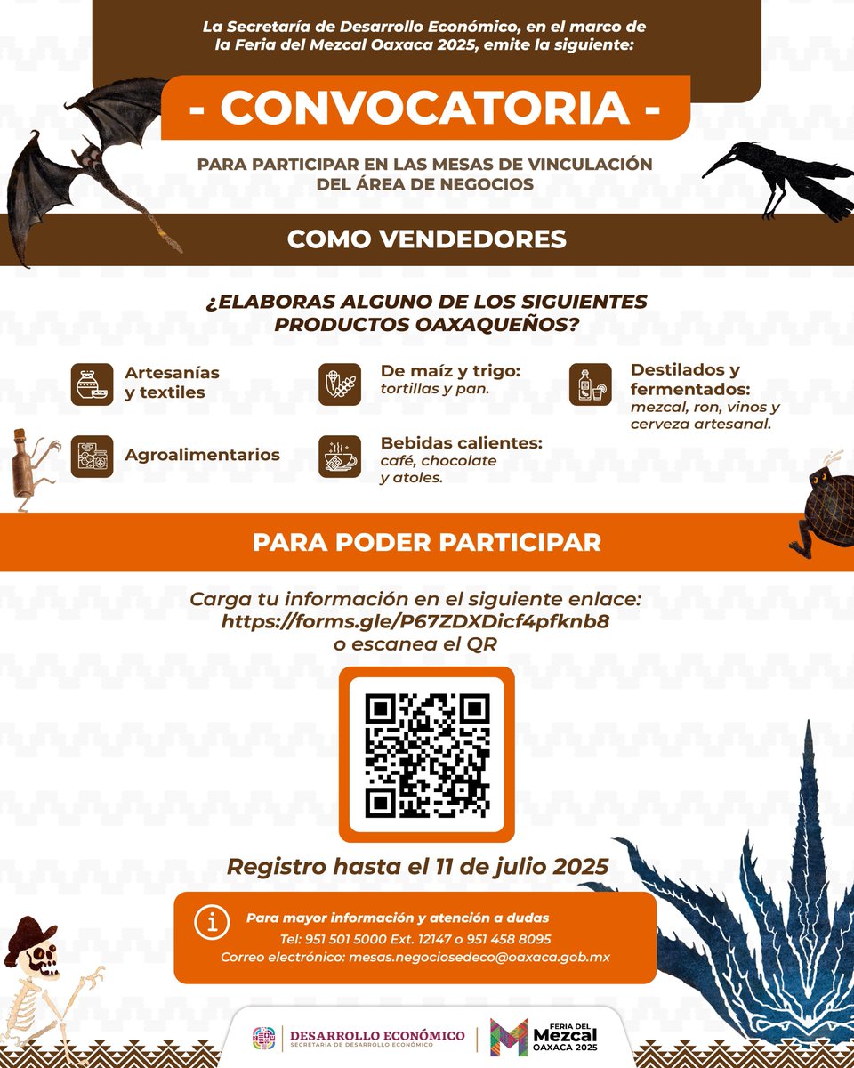 Secretaría de Desarrollo Económico Oaxaca (@deseconomicooax) on Twitter photo 🚨¡Grandes noticias para todos nuestros vendedores oaxaqueños!
Extendimos el periodo de registro hasta el 11 de julio de 2025, para participar en el Área de Negocios de la
<a href="/FeriaMezcalOax_/">Feria del Mezcal Oaxaca</a>. Inscríbete y participa ofertando tus productos. 🚨¡Grandes noticias para todos nuestros vendedores oaxaqueños!
Extendimos el periodo de registro hasta el 11 de julio de 2025, para participar en el Área de Negocios de la
<a href="/FeriaMezcalOax_/">Feria del Mezcal Oaxaca</a>. Inscríbete y participa ofertando tus productos.