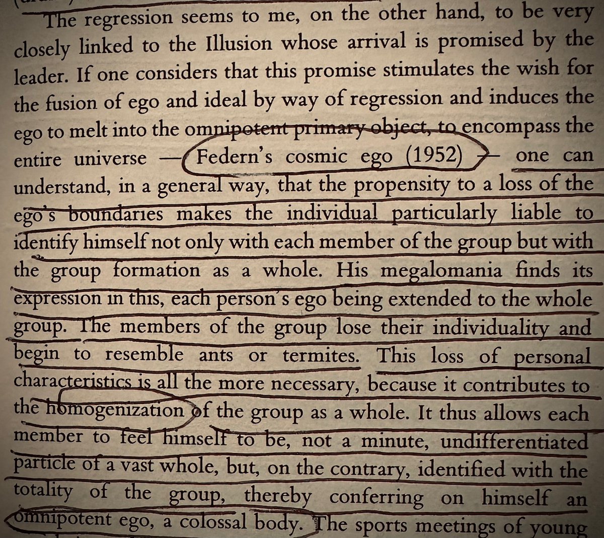 The politics of the contemporary Progressive Left in psychoanalytic terms. This is what the performative street theater of Mandami &amp; AOC is intended to incubate. "His megalomania finds its expression in this, each person's ego being extended to the whole group."