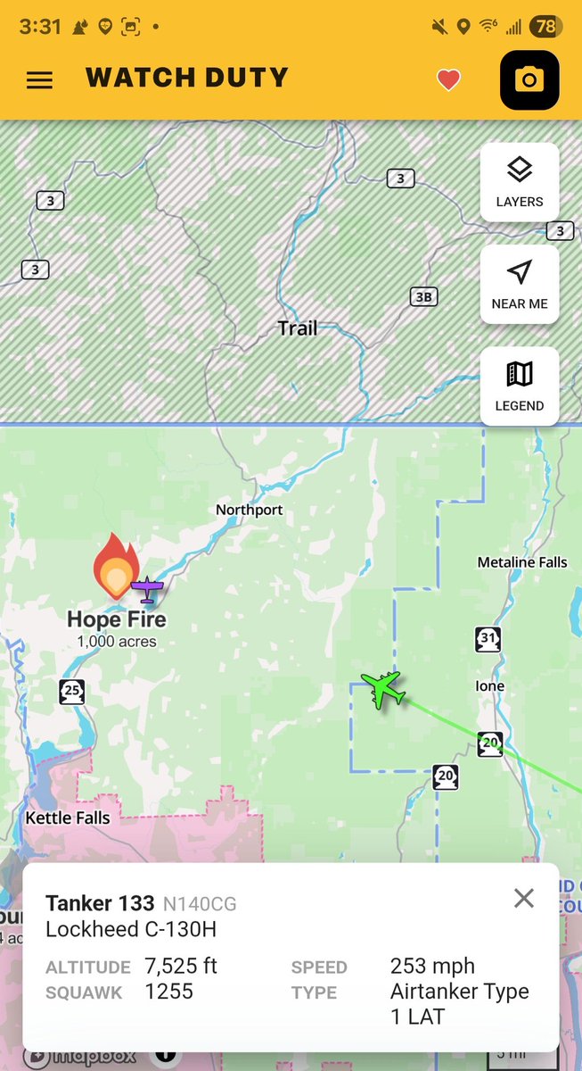 Borrowed7Time's tweet image. #HopeFire now mapped at 1000+ acres. A Coulson C-130H LAT N140CG is arriving. 
@sipjack1776 @Wa_fire_watch