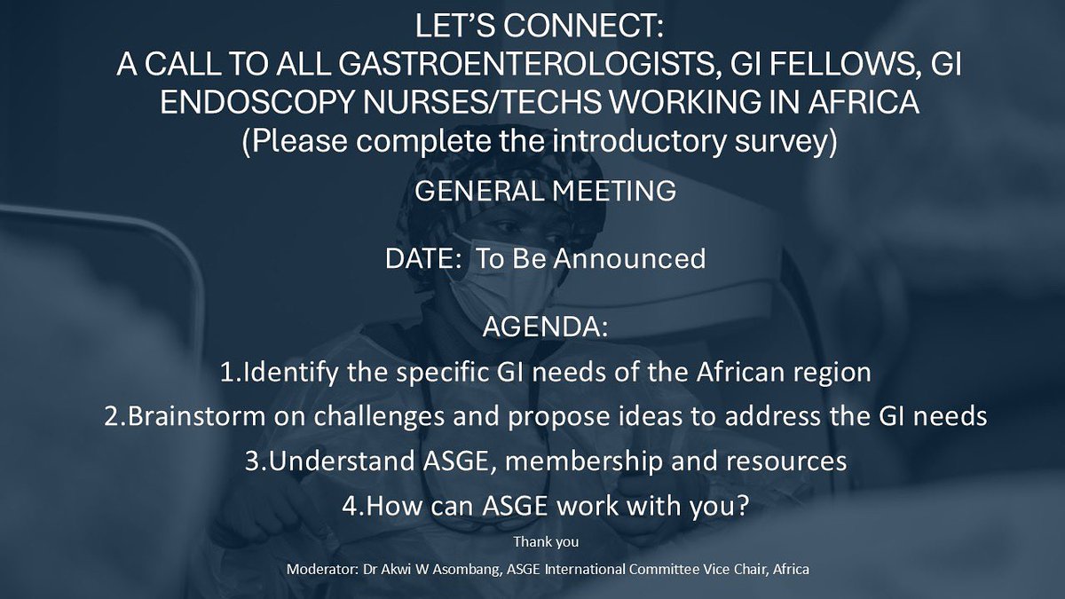 Akwi Asombang MD MPH (@akwiasombangmd) on Twitter photo MEETING ANNOUNCEMENT
Excited to host my first meeting as the <a href="/ASGEendoscopy/">ASGE GI Endoscopy</a> International Committee, Vice Chair -Africa
WHY?
💡I want to learn about you & understand how best to collaborate with you.
SURVEY:
lnkd.in/em6ew2D8
#GITwitter #globalgastroenterology MEETING ANNOUNCEMENT
Excited to host my first meeting as the <a href="/ASGEendoscopy/">ASGE GI Endoscopy</a> International Committee, Vice Chair -Africa
WHY?
💡I want to learn about you & understand how best to collaborate with you.
SURVEY:
lnkd.in/em6ew2D8
#GITwitter #globalgastroenterology