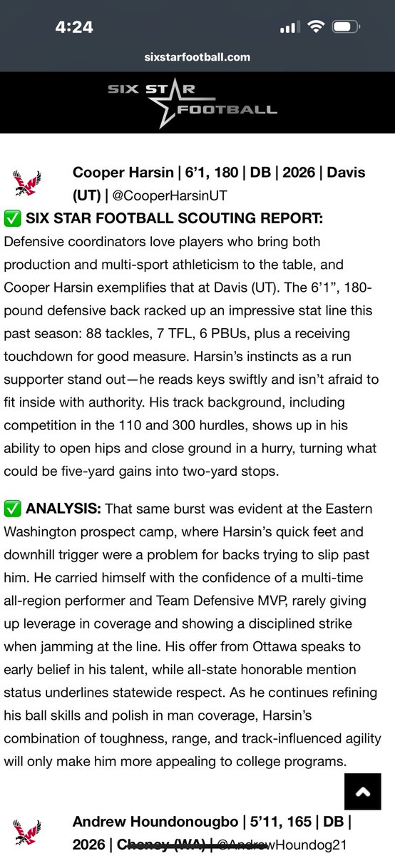 Cooper_HarsinUT (@cooperharsinut) on Twitter photo Thank you <a href="/sixstarfootball/">Six Star Football | PLUS+</a> for the write up post <a href="/EWUFootball/">EWU Football 🏈</a> camp
<a href="/DavisDartsFB/">Davis High Football</a> <a href="/ScottPeery2/">Scott Peery</a> <a href="/Utah_Prospects/">Utah Prospects</a> Thank you <a href="/sixstarfootball/">Six Star Football | PLUS+</a> for the write up post <a href="/EWUFootball/">EWU Football 🏈</a> camp
<a href="/DavisDartsFB/">Davis High Football</a> <a href="/ScottPeery2/">Scott Peery</a> <a href="/Utah_Prospects/">Utah Prospects</a>