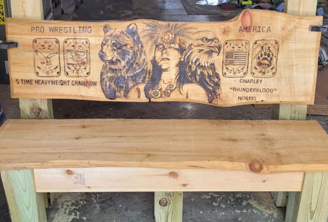SamHoustonBrand's tweet image. Hey y'all! I've been working on this bench to honor my friend, my brother, my tag team partner, Charley "THUNDERBLOOD" Norris! As "The Renegades," we traveled the world together, won titles, touched hearts and inspired hope. He was an honorable ambassador representing the Great…