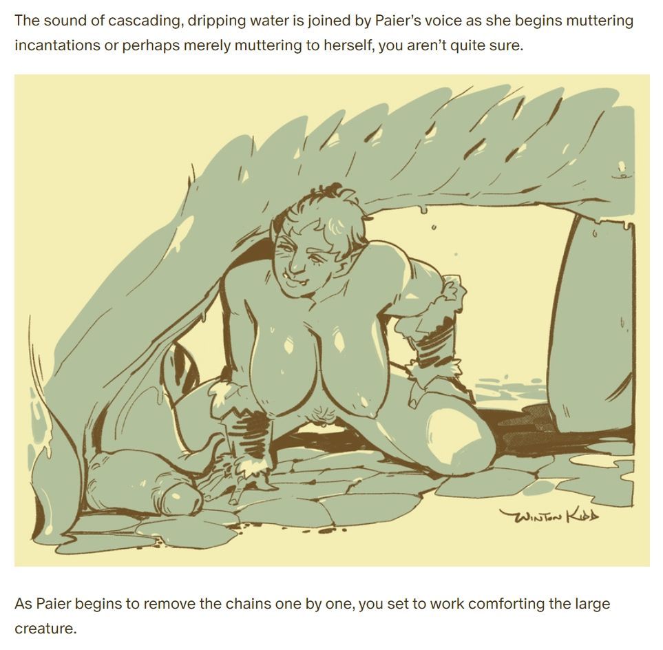 wintonkidd's tweet image. CYOA: The Orc and the Tower Part 19
- 6 days left to vote on what happens next ❤️⤵️
patreon.com/posts/13294334…
📖Paier works to free Carab from their chains as the orc and goblin consider how best to comfort the poor beast ❤️They choose massage and dance. 😏