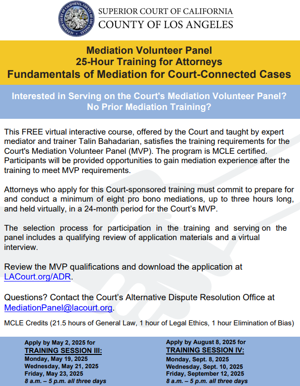 #ATTORNEYS: Apply now to join the Court’s Mediation Volunteer Panel. Register for the July 25 webinar and submit your application for free September training by August 8. More information: s.lacourt.org/AYQ3Y01