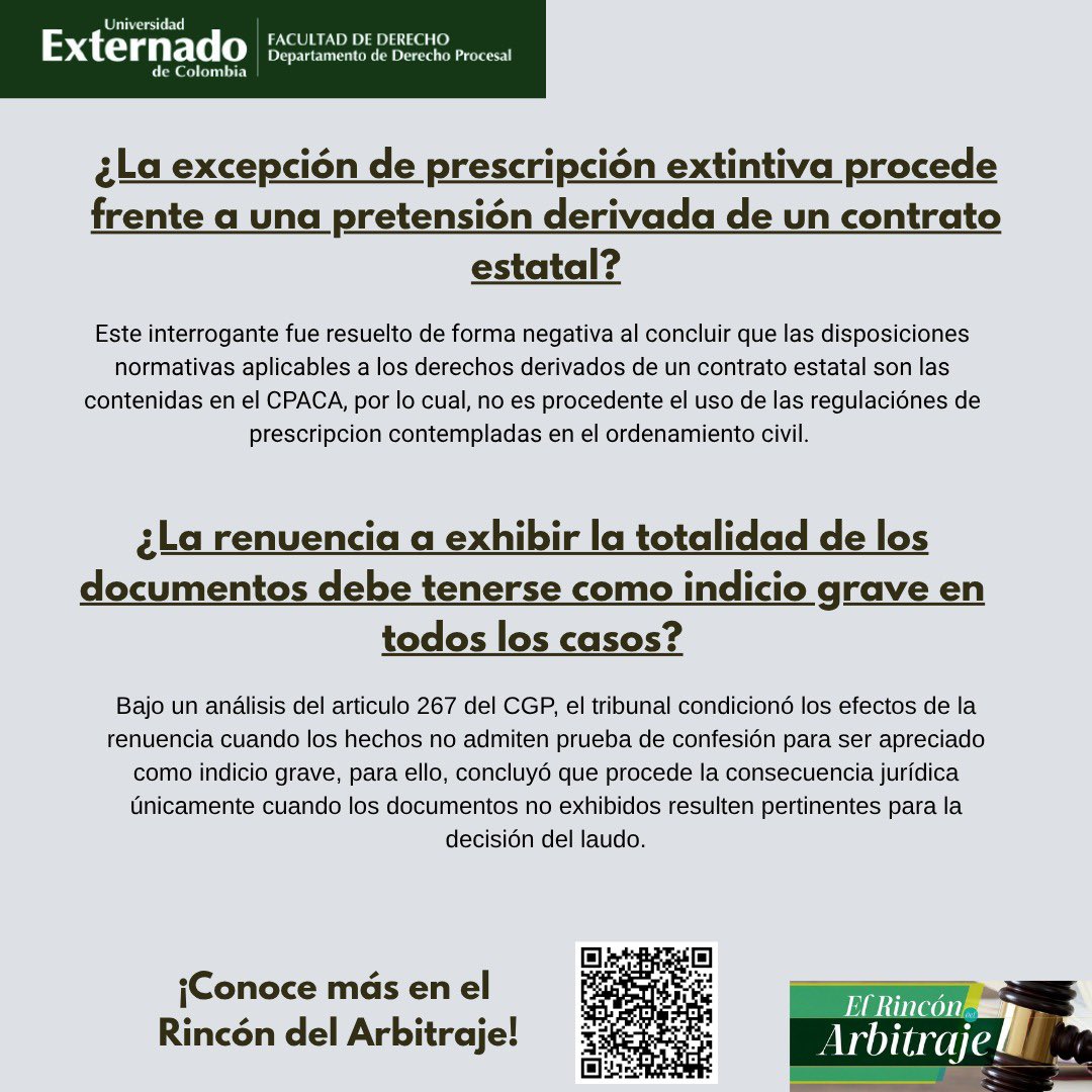 🗣️ Laudo arbitral 📚

🔹Las normas de prescripción del CPACA son las únicas aplicables cuando se encuentra vinculada una entidad estatal.

🔹Las consecuencias probatorias negativas en la renuencia de exhibir documentos NO proceden de forma automática.