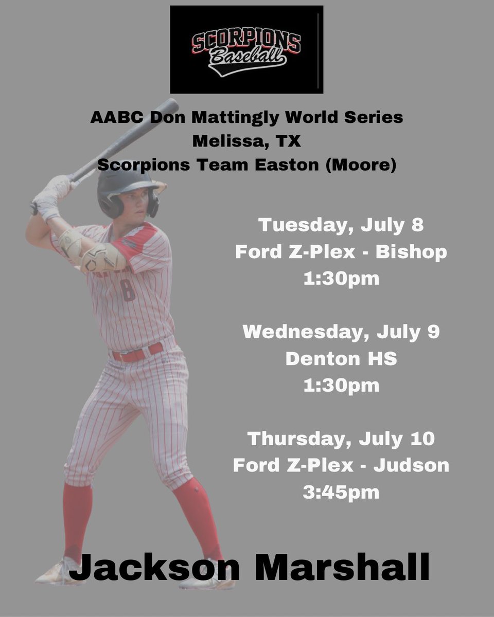 Jackson Marshall (@jksnmarshall) on Twitter photo Pool play SCHEDULE CHANGE for <a href="/ScorpionsBsb1/">Scorpions HS Baseball</a> Team Easton Moore this week at the <a href="/FiveToolTexas/">✭Five Tool Texas✭</a> #MattinglyWS
<a href="/FiveTool/">Five Tool Baseball</a> <a href="/DustinLMcComas/">Dustin McComas</a> <a href="/bvanland/">Brooks Vanlandingham</a>
<a href="/andreworr46/">Andrew Orr</a> <a href="/LakeCreekBall/">Lake Creek Baseball</a> <a href="/NextLVLSouth/">Next Level Prospects South</a> Pool play SCHEDULE CHANGE for <a href="/ScorpionsBsb1/">Scorpions HS Baseball</a> Team Easton Moore this week at the <a href="/FiveToolTexas/">✭Five Tool Texas✭</a> #MattinglyWS
<a href="/FiveTool/">Five Tool Baseball</a> <a href="/DustinLMcComas/">Dustin McComas</a> <a href="/bvanland/">Brooks Vanlandingham</a>
<a href="/andreworr46/">Andrew Orr</a> <a href="/LakeCreekBall/">Lake Creek Baseball</a> <a href="/NextLVLSouth/">Next Level Prospects South</a>