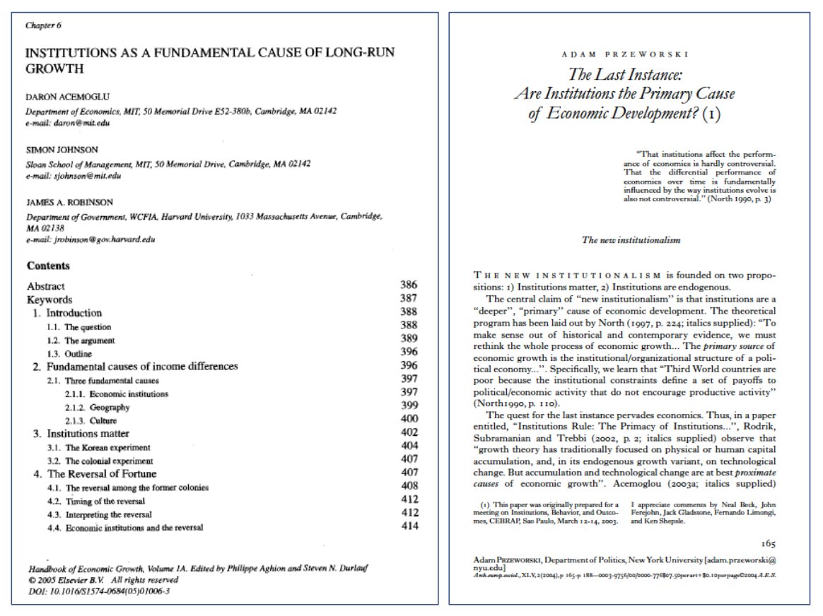 Two Perspectives on Institutions

Acemoglu et al claim that “institutions are the fundamental cause of differences in economic development” - economics.mit.edu/sites/default/…

Przeworski counters that “the motor of history is endogeneity” - as.nyu.edu/content/dam/ny…