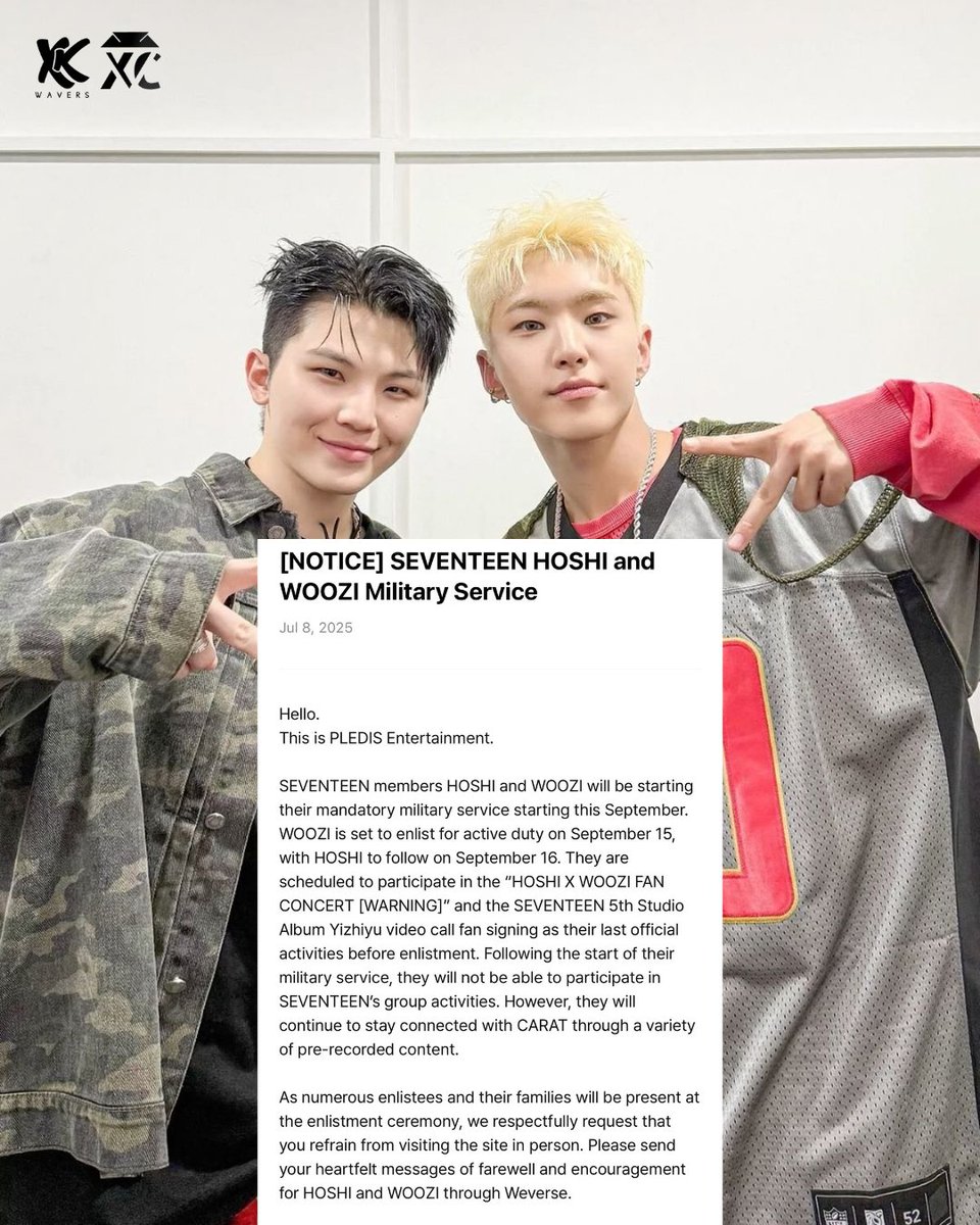 xtracarat's tweet photo. SEVENTEEN’s Woozi & Hoshi akan mulai wajib militer tgl 15 & 16 Sept.
Kira-kira nanti Woozi belang ga ya?
Hoshi baraknya di Sumatera kayaknya.
Pemikiran apa lagi yang terlintas di benak caratdeul setelah dapat berita ini?
#Seventeen #wamil #enlistment #Hoshi #Woozi #Carat #svt https://t.co/CbMgMusDCN