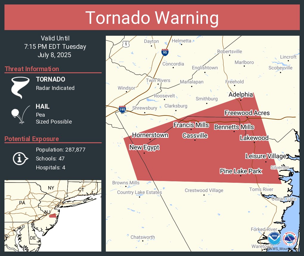 Tornado Warning including Lakewood NJ, Pine Lake Park NJ and  Leisure Village NJ until 7:15 PM EDT
