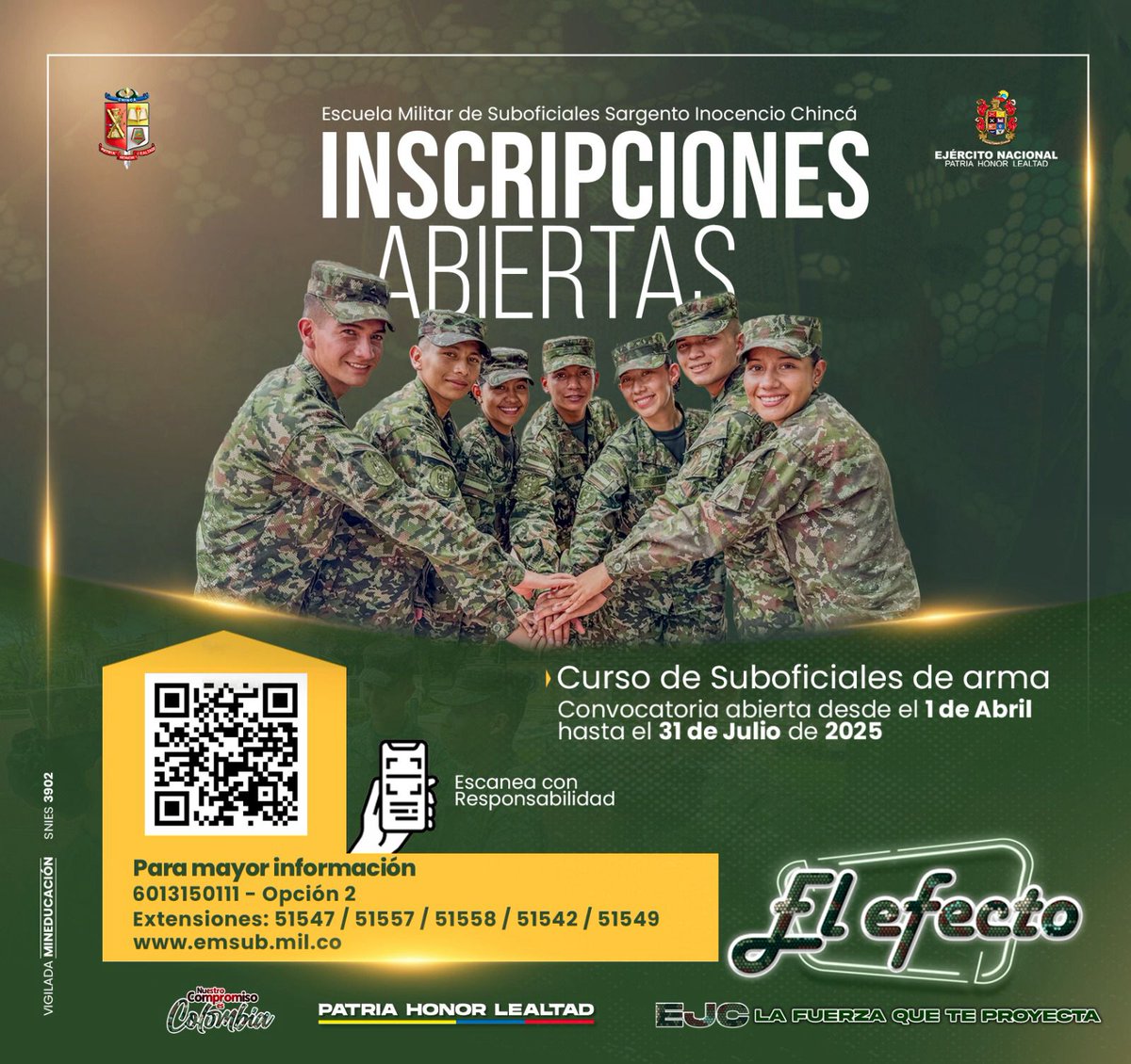 Ejercito_Div8's tweet image. Forja tu futuro, comienza hoy.
En la Escuela Militar de Suboficiales Sargento Inocencio Chincá, encontrarás mucho más que una carrera, harás parte de un proyecto de vida que te permitirá crecer profesionalmente, accederás a una estabilidad laboral y económica.
Amplía información,…