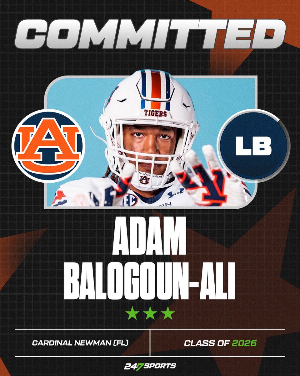 Nathan King (@nathanking247) on Twitter photo 3-star LB Adam Balogoun-Ali has committed to Auburn. 
First visited in April for Big Cat and became a top target for DJ Durkin. 
The nation’s No. 20 LB brings Auburn to eight commitments for 2026 247sports.com/college/auburn… 3-star LB Adam Balogoun-Ali has committed to Auburn. 
First visited in April for Big Cat and became a top target for DJ Durkin. 
The nation’s No. 20 LB brings Auburn to eight commitments for 2026 247sports.com/college/auburn…