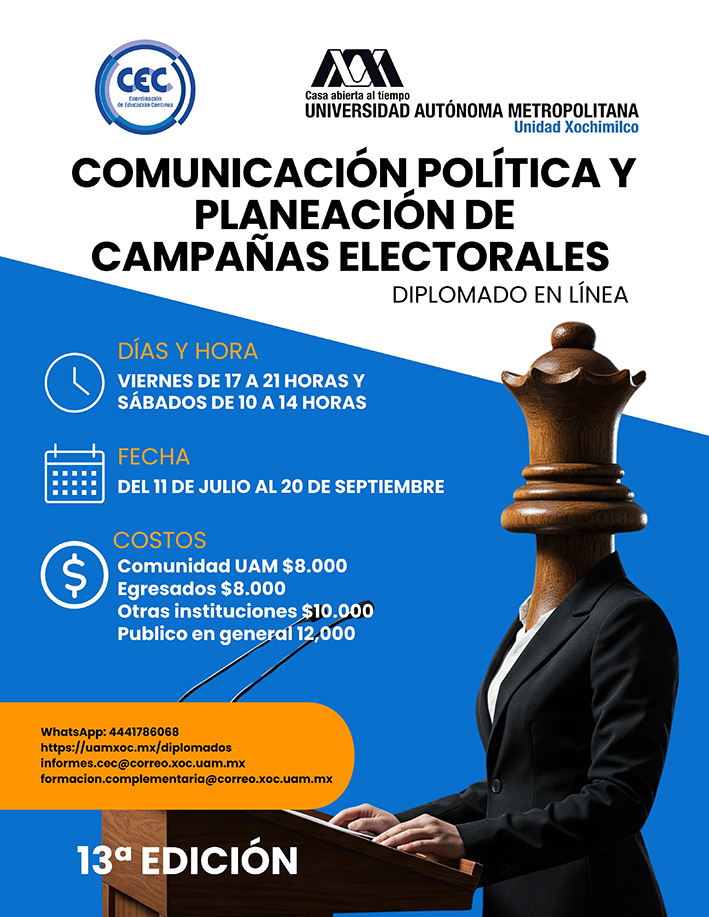 ¿Te interesa el diseño estratégico de campañas y el impacto de la comunicación política en la vida pública? Esta es tu oportunidad de fortalecer tu perfil profesional con herramientas clave para intervenir en procesos electorales desde una perspectiva crítica y actualizada.

📣