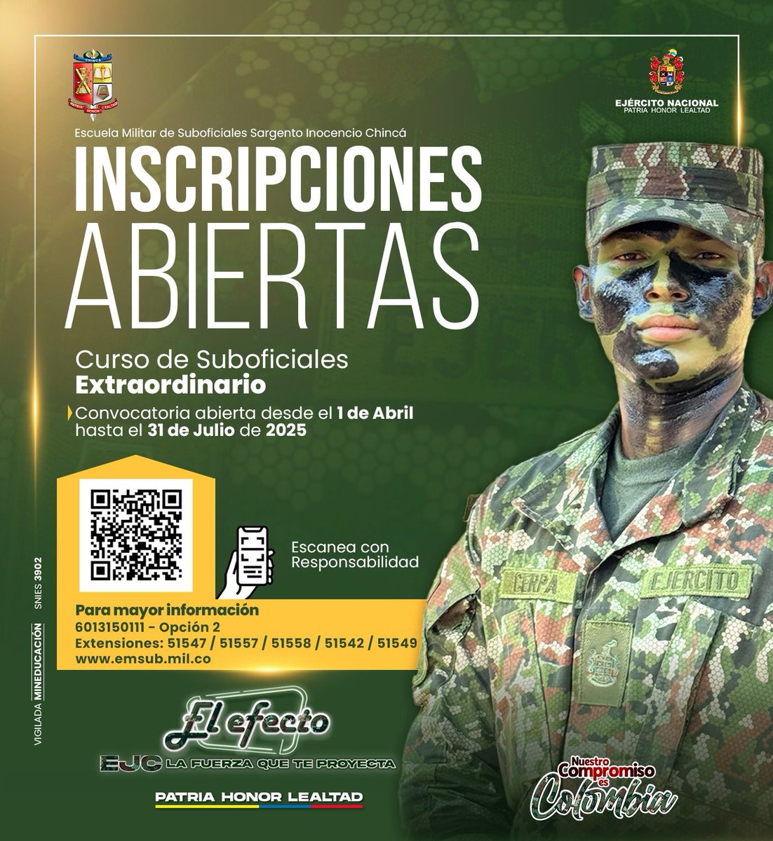 Ejercito_Div8's tweet image. ¡Soldado profesional, llegó tu momento!
Si cuentas con un año de servicio, eres bachiller y tienes el apoyo de tu comandante, puedes inscribirte en el Curso de Suboficial Extraordinario en Escuela Militar de Suboficiales Sargento Inocencio Chincá, y convertirte en suboficial del…