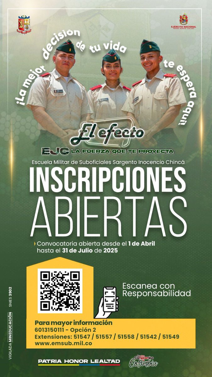 Ejercito_Div8's tweet image. ¡Soldado profesional, esta es tu oportunidad!
Incorpórate como suboficial extraordinario del Ejército Nacional, en nuestra Escuela Militar de Suboficiales Sargento Inocencio Chincá, pon tu experiencia al servicio del liderazgo y da el siguiente paso en tu carrera militar.…