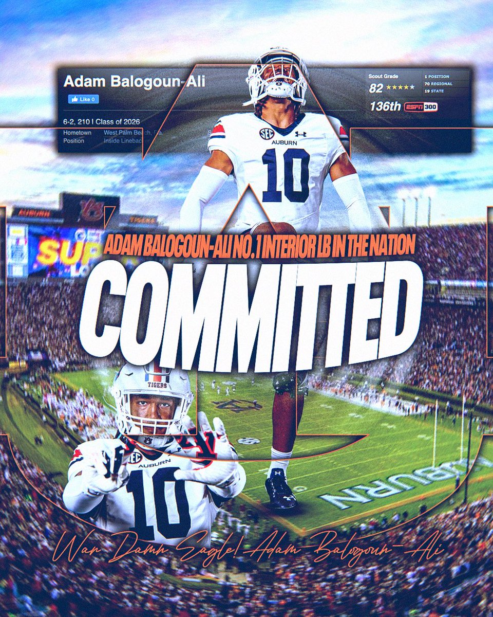 Billy Tucker (@theucreport) on Twitter photo Auburn lands a commitment from Adam Balogoun-Ali, the No. 1 inside linebacker in the ESPN 300 🦅 <a href="/A10_got_game/">Adam balogoun-Ali 4⭐️</a>
Big addition for the Tigers beating out Kentucky and Missouri for one of the most athletic and productive linebackers in the class. Auburn lands a commitment from Adam Balogoun-Ali, the No. 1 inside linebacker in the ESPN 300 🦅 <a href="/A10_got_game/">Adam balogoun-Ali 4⭐️</a>
Big addition for the Tigers beating out Kentucky and Missouri for one of the most athletic and productive linebackers in the class.