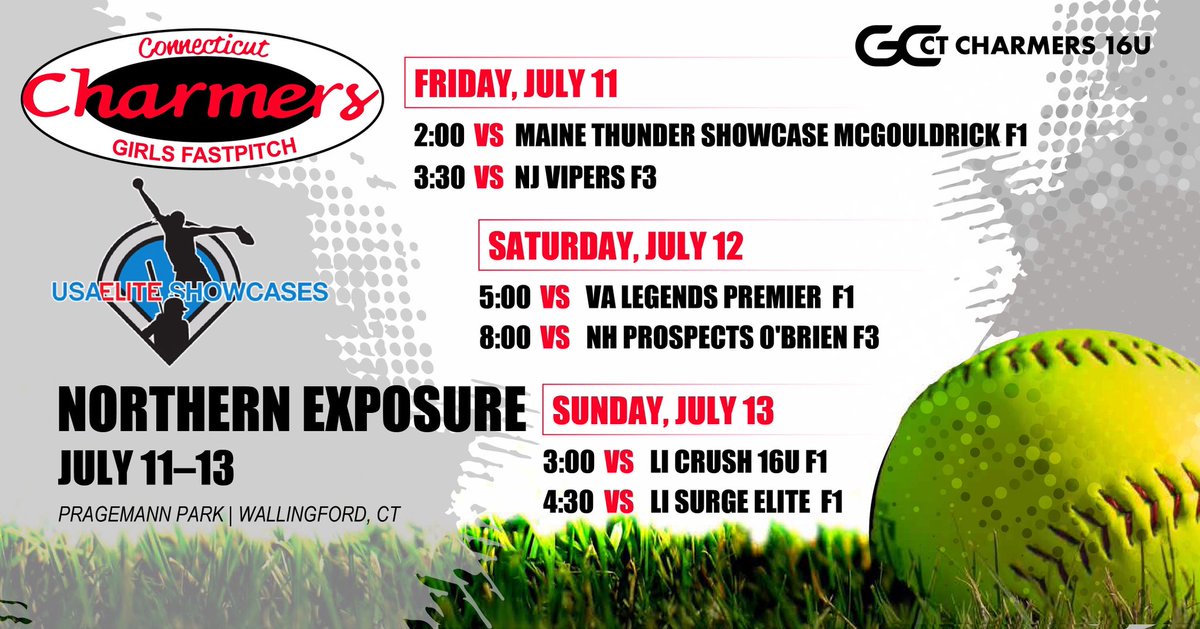 Looking forward to staying close to home this week at Northern Exposure Showcase! Come check us out! <a href="/CharmerSoftball/">Connecticut Charmers</a> <a href="/CoachRuss3/">Russ Senerchia</a> <a href="/charmerscoach/">Neil Swanchak</a>