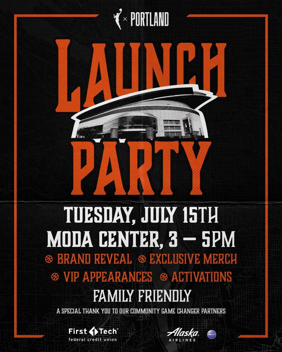 WNBA Portland (@wnbaportland) on Twitter photo You’re part of this team’s story from the very beginning — and we want you there for this unforgettable milestone.
Join us at the <a href="/ModaCenter/">Moda Center @ Rose Quarter</a> on Tuesday, July 15 for the Launch Party, a free, family-friendly event celebrating the official unveiling of our team’s name and brand. You’re part of this team’s story from the very beginning — and we want you there for this unforgettable milestone.
Join us at the <a href="/ModaCenter/">Moda Center @ Rose Quarter</a> on Tuesday, July 15 for the Launch Party, a free, family-friendly event celebrating the official unveiling of our team’s name and brand.