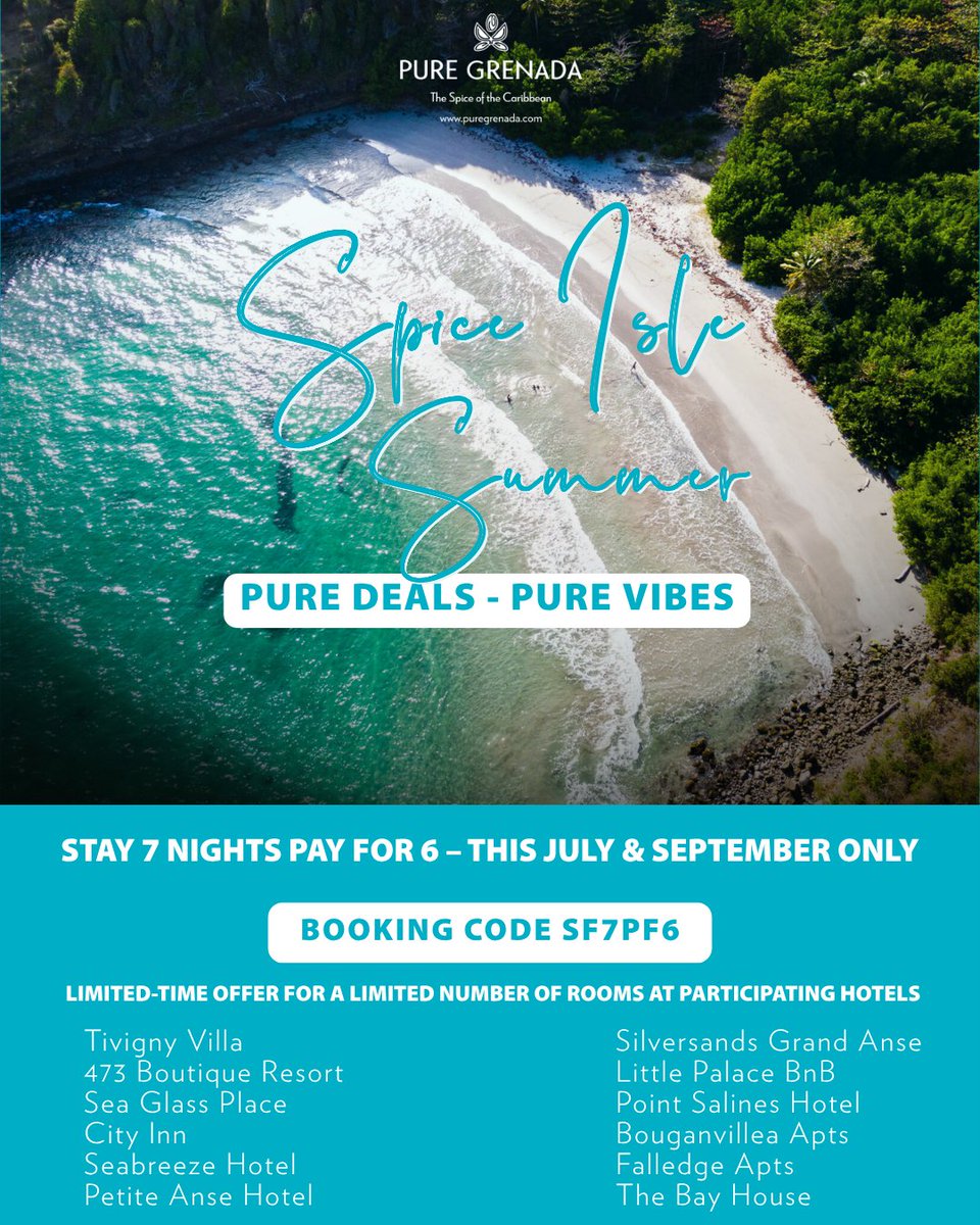 Spice Isle Summer: Pure Deals, Pure Vibes 🇬🇩☀️
This July &amp; Sept, get 7 nights for the price of 6 at top Grenadian stays 🌴✨
Book direct w/ code SF7PF6
✈️ Daily JetBlue flights from JFK
Limited time only!

#PureGrenada #SpiceIsleSummer #CaribbeanTravel