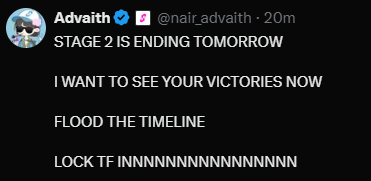 zyrax07's tweet photo. Stage 2 wraps up tomorrow.
Show me what you’ve been cooking.
Run up the timeline with your wins.
Time to lock in for real. https://t.co/yyZcqsjT0y