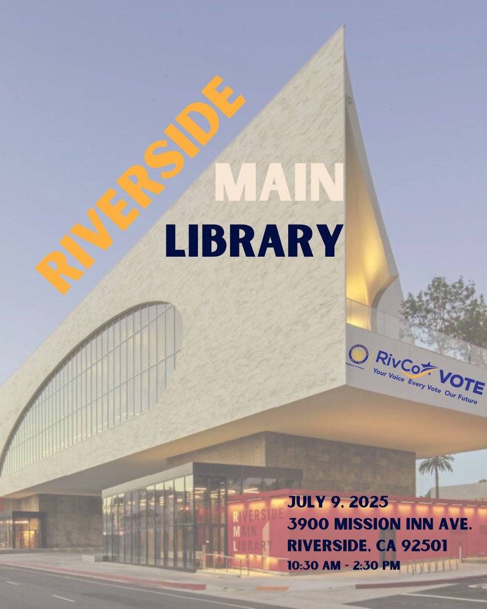 RivCoRegistrar's tweet image. The County of Riverside Registrar of Voters Outreach Team is heading Downtown to the Riverside Main Library
---
¡El Equipo de Extensión del Registro de Votantes del Condado de Riverside se dirige al centro de la cuidad a la Biblioteca Principal de Riverside