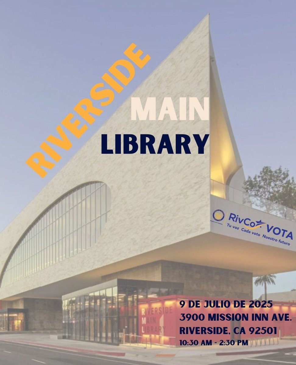 RivCoRegistrar's tweet image. The County of Riverside Registrar of Voters Outreach Team is heading Downtown to the Riverside Main Library
---
¡El Equipo de Extensión del Registro de Votantes del Condado de Riverside se dirige al centro de la cuidad a la Biblioteca Principal de Riverside