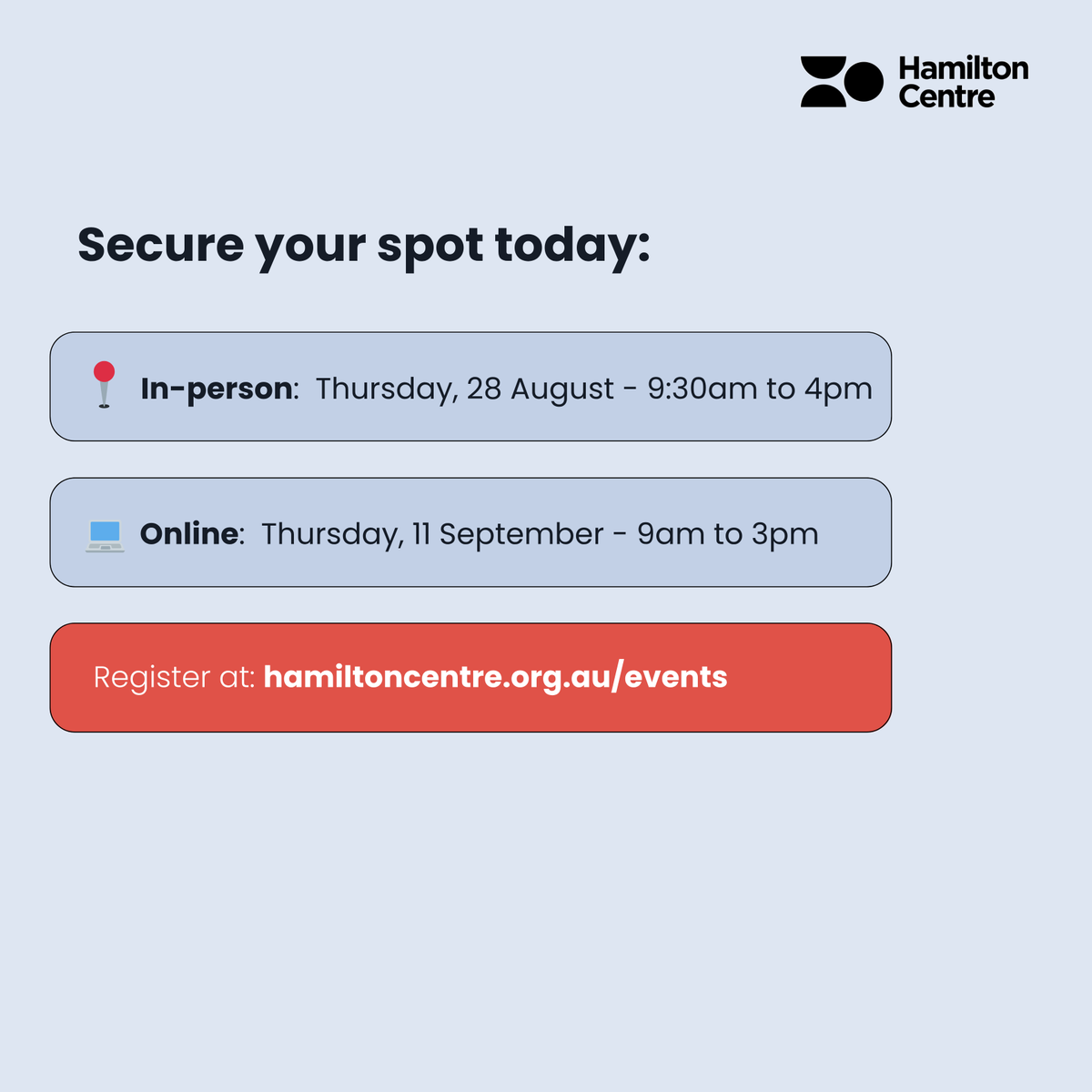 Tailored for the Victorian mental health and AOD workforces, our upcoming workshops focus on the role of pharmacotherapy in integrated MH and addiction care.

📍In-person: 28 Aug 2025 – 9:30am to 4pm
💻 Online: 11 Sep 2025 – 9am to 3pm

Register 🔗 hamiltoncentre.org.au/events