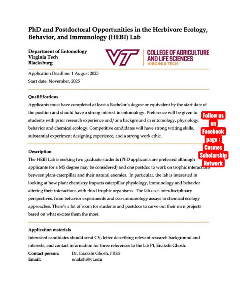 PhD and Postdoctoral Opportunities in the Herbivore Ecology, Behavior, and Immunology (HEBI) Lab at Virginia Tech University