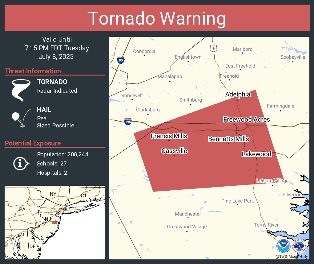 Tornado Warning continues for Lakewood NJ, Pleasant Grove NJ and  Cassville NJ until 7:15 PM EDT