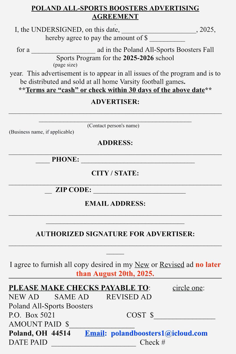 The Poland All Sports Booster Club is thrilled to kick off their Annual Fall Sports Program Ad Campaign for the upcoming athletic season! Promote your business, personal ad, or shout out your favorite Poland athlete all while supporting Poland student athletes! 🐶⚽️🤍💙