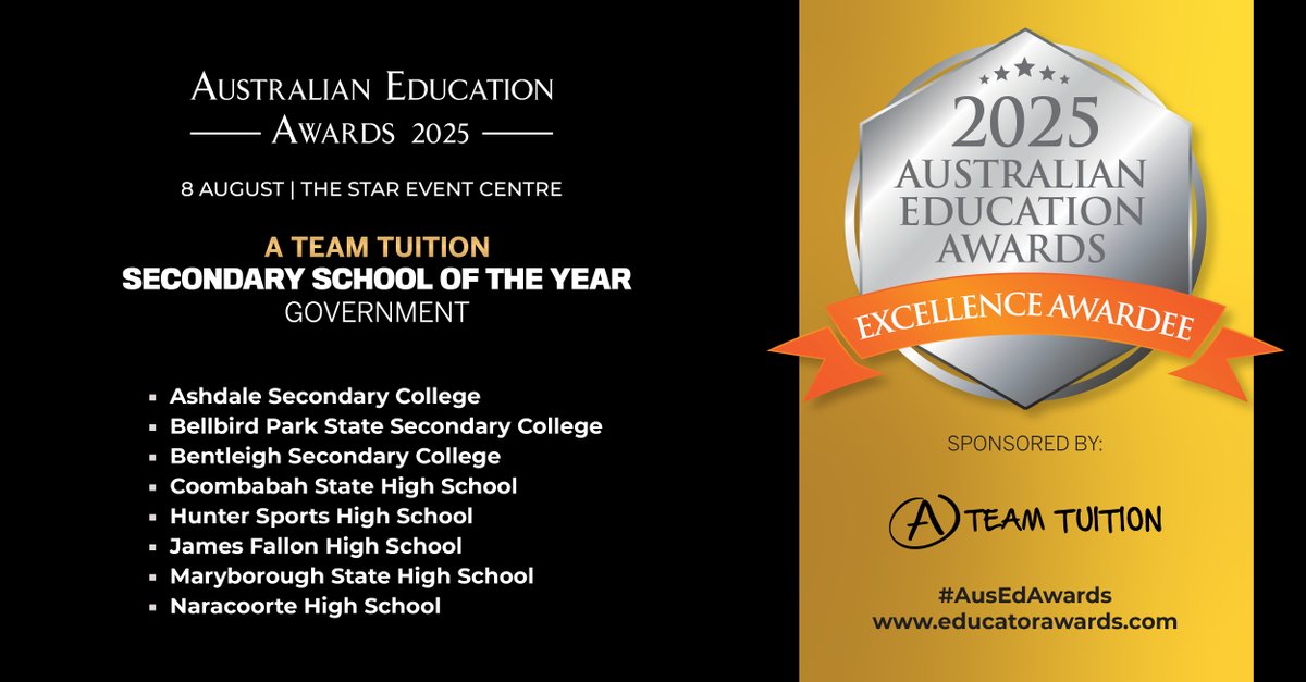 Congratulations to all the Excellence Awardees of the A Team Tuition Secondary School of the Year - Government at the 2025 Australian Education Awards!

Award winners will be announced on 8 August 2025 at The Star Event Centre.

Register now: hubs.la/Q03w9RbV0

#AusEdAwards
