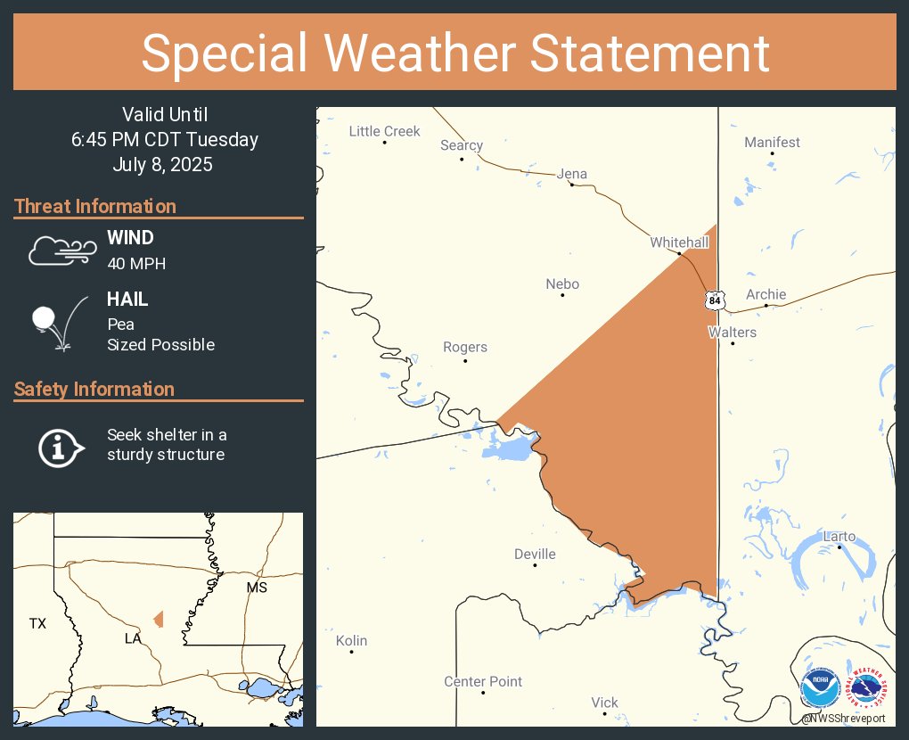 A special weather statement has been issued for LaSalle Parish, LA until 6:45 PM CDT