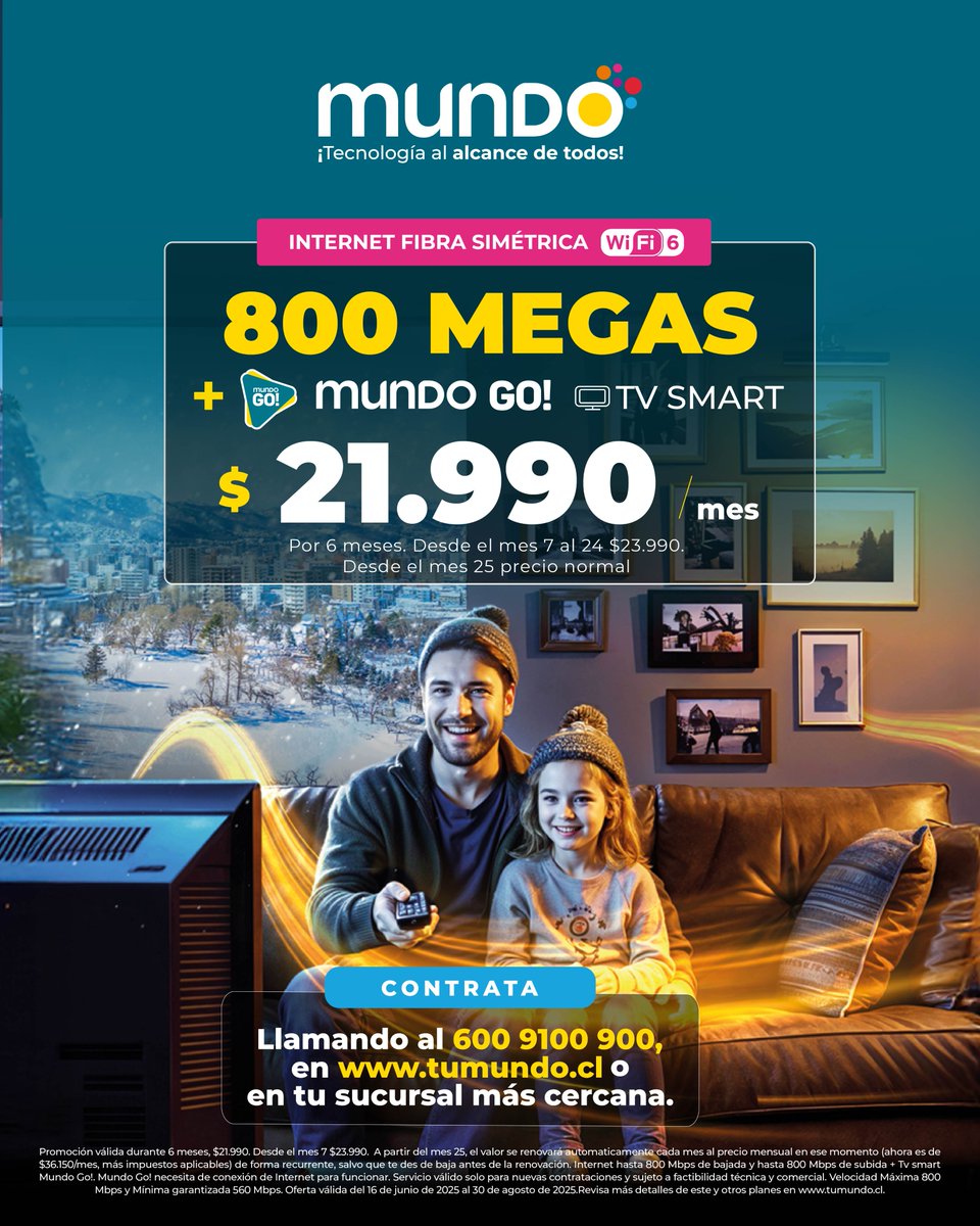 Mundo te da Internet fibra 800 Megas + Mundo GO! por solo $21.990 durante 6 meses.

📲 Contrata en tumundo.cl, llama al 600 9100 900 o visita tu sucursal más cercana.

#Mundo #TecnologíaAlAlcanceDeTodos #PromoInvierno