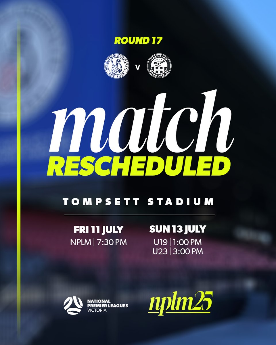 NPL Victoria (@nplvictoria) on Twitter photo Just the one NPLM match this weekend, with the Round 17 rescheduled match between <a href="/MelbKnights/">Melbourne Knights FC</a> and <a href="/oakcannonsfc/">Oakleigh Cannons FC</a> being played tonight from 7:30pm.
Watch the match, live and free, on the NPL Victoria YouTube📺 Just the one NPLM match this weekend, with the Round 17 rescheduled match between <a href="/MelbKnights/">Melbourne Knights FC</a> and <a href="/oakcannonsfc/">Oakleigh Cannons FC</a> being played tonight from 7:30pm.
Watch the match, live and free, on the NPL Victoria YouTube📺