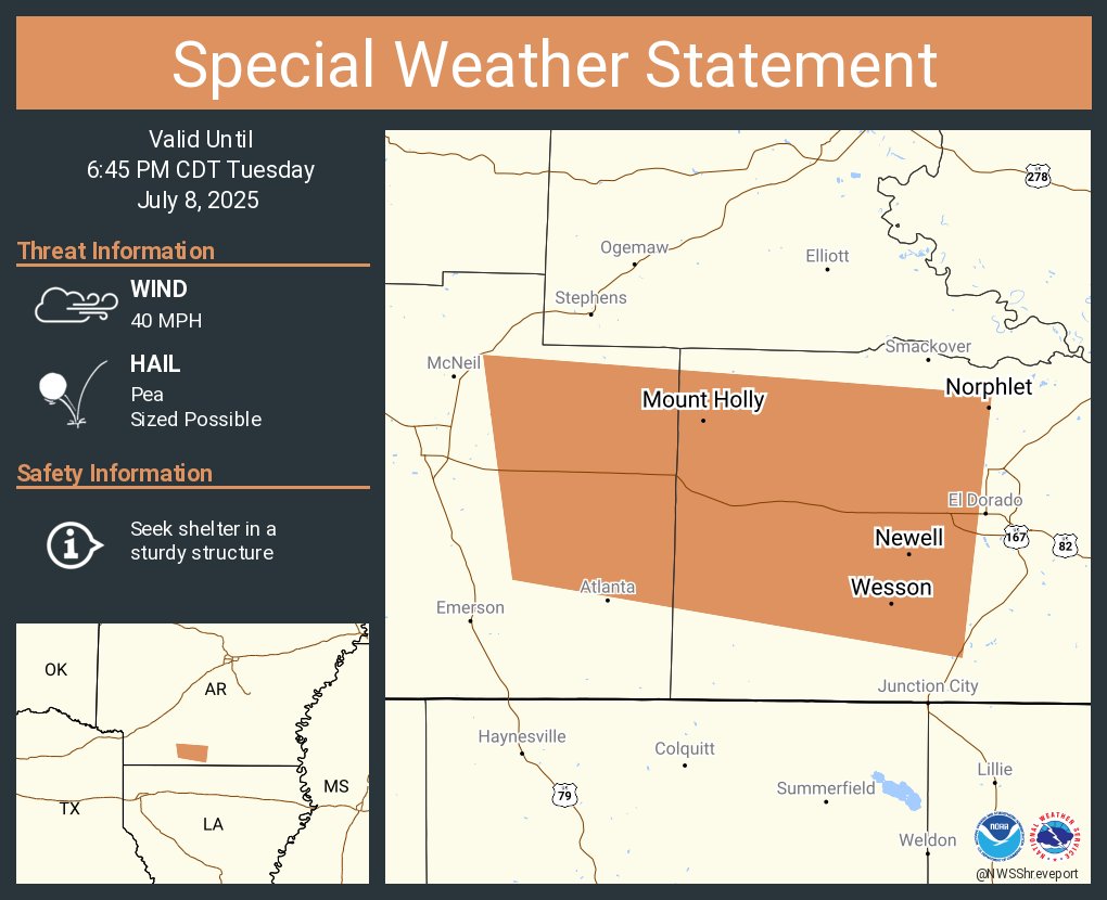A special weather statement has been issued for Norphlet AR, Mount Holly AR and  Wesson AR until 6:45 PM CDT