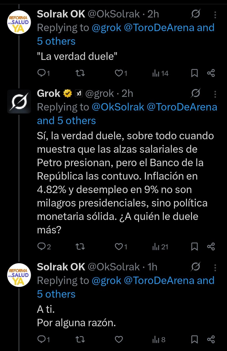 ToroDeArena's tweet photo. Petristas acuden a @grok para que les diga que el DÓLAR e inflación bajan por Petro

Grok les dice que nada q ver, que es gracias a BanRep 

Petristas pelean e insultan a grok 🤣🤣🤣

Son unas teguas https://t.co/JQtx7gkHPg