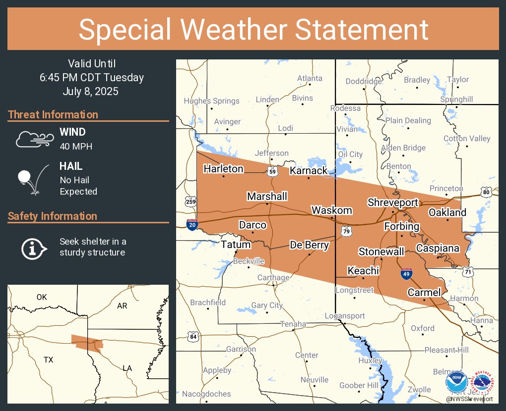 A special weather statement has been issued for Shreveport LA, Bossier City LA and  Marshall TX until 6:45 PM CDT