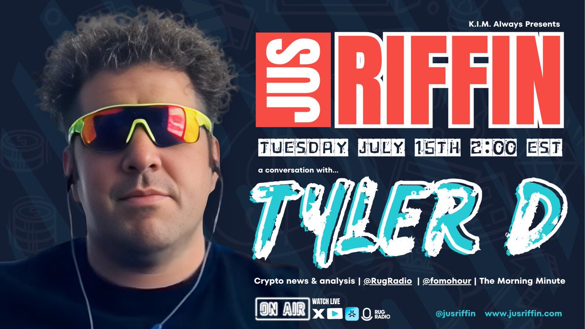 Jus Riffin’ (@jusriffin) on Twitter photo This Tuesday at 2PM EST we’re Riffin' with <a href="/Tyler_Did_It/">TylerD 🧙♂️</a> live on the show.
He’s been a force on Fomo Hour, The Lucky Lead, and Under Exposed, and now he’s pulling up to chop it up with us.
We’re talking real journeys, market insights, and what’s happening behind the scenes in This Tuesday at 2PM EST we’re Riffin' with <a href="/Tyler_Did_It/">TylerD 🧙♂️</a> live on the show.
He’s been a force on Fomo Hour, The Lucky Lead, and Under Exposed, and now he’s pulling up to chop it up with us.
We’re talking real journeys, market insights, and what’s happening behind the scenes in